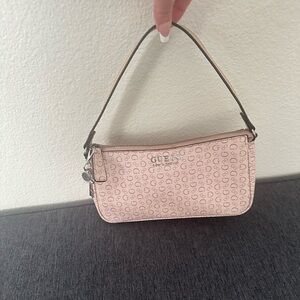 GUESS Pink Monogram Mini Shoulder Bag with Silver Accents